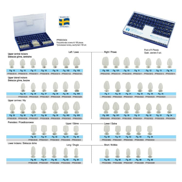 Polycarbonate temporary crowns kit with mould guide 3 x 60 pcs – oficiali Falcon Medical produkto nuotrauka