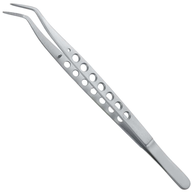 Tweezers Meriam-Ergo with grooves serrated angled long fig. 1 – oficiali Falcon Medical produkto nuotrauka