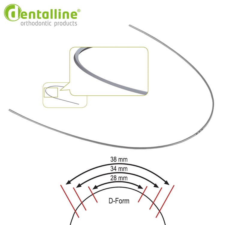 Dentalline NiTi l D-Form rectangle archwires with torque 28mm .016″ x .025″ (Pack of 10 pieces) – oficiali Falcon Medical produkto nuotrauka