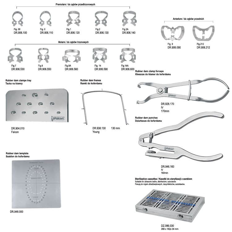 Rubber dam instruments set in tray fig 1 – oficiali Falcon Medical produkto nuotrauka
