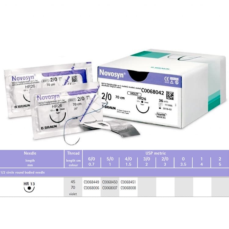 Novosyn absorbable sutures violet 6/0 45cm hr13, 36 pcs – oficiali Falcon Medical produkto nuotrauka