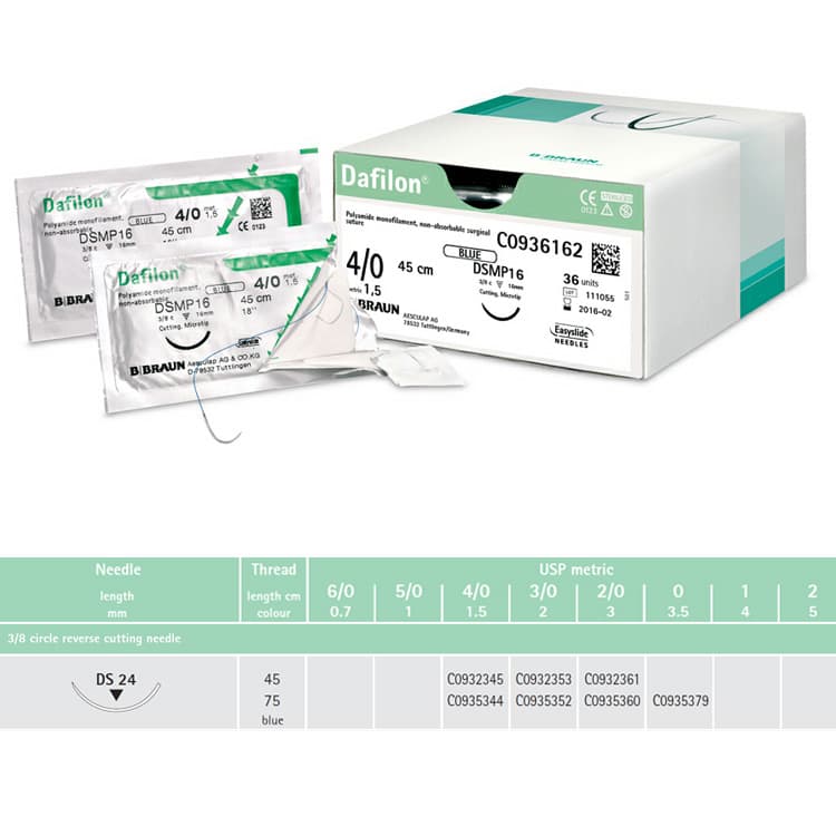 Dafilon non-absorbable sutures blue 2/0 45cm ds24, 36 pieces – oficiali Falcon Medical produkto nuotrauka