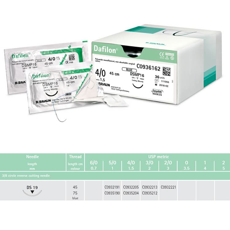 Dafilon non-absorbable sutures blue 3/0 75cm ds19, 36 pieces – oficiali Falcon Medical produkto nuotrauka