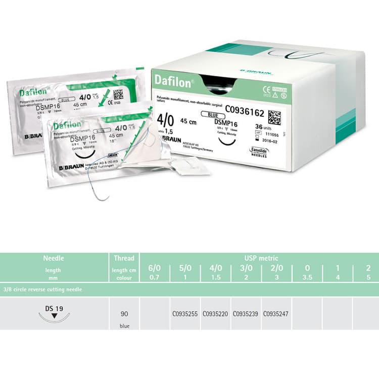 Dafilon non-absorbable sutures blue 5/0 90cm ds19, 36 pieces – oficiali Falcon Medical produkto nuotrauka