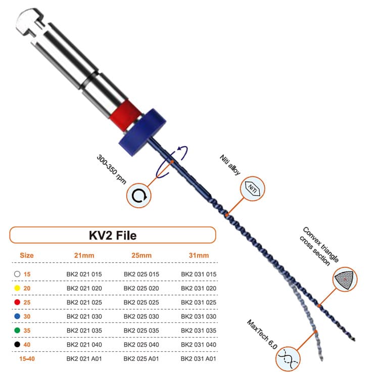 KV Blue NiTi Niti rotary file taper .02 assorted 15 to 40, 25mm (Pack of 6 pieces) – oficiali Falcon Medical produkto nuotrauka