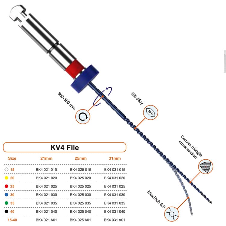 KV Blue NiTi Niti rotary file taper .04 assorted 15 to 40, 25mm (Pack of 6 pieces) – oficiali Falcon Medical produkto nuotrauka