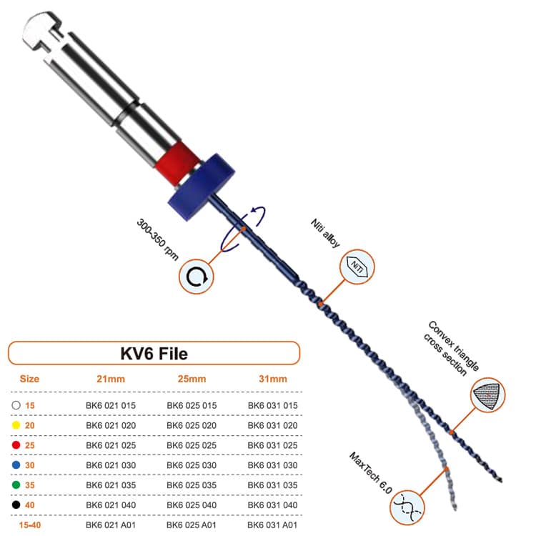 KV Blue NiTi Niti rotary file taper .06 assorted 15 to 40, 25mm (Pack of 6 pieces) – oficiali Falcon Medical produkto nuotrauka