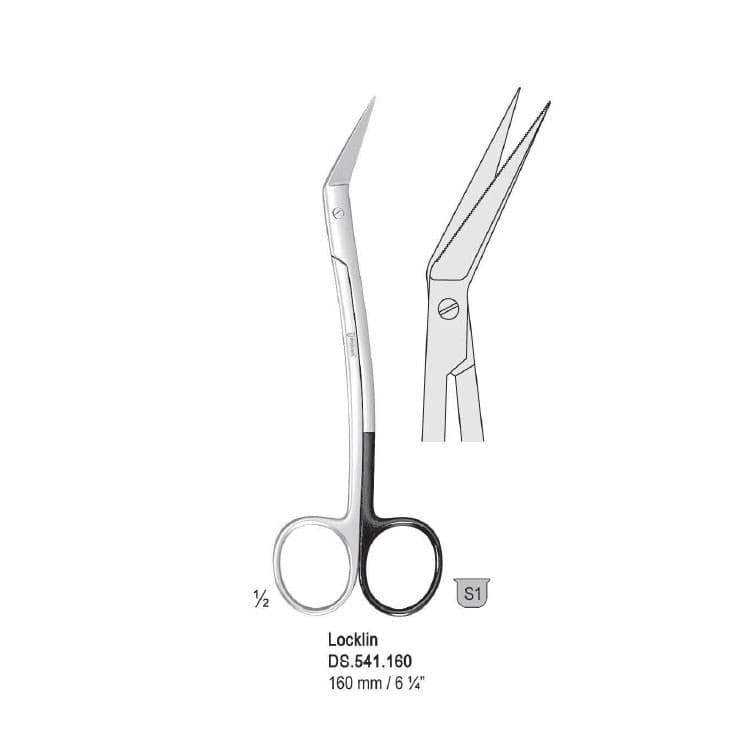 Scissors Locklin curved handles 160mm, one blade serrated – oficiali Falcon Medical produkto nuotrauka