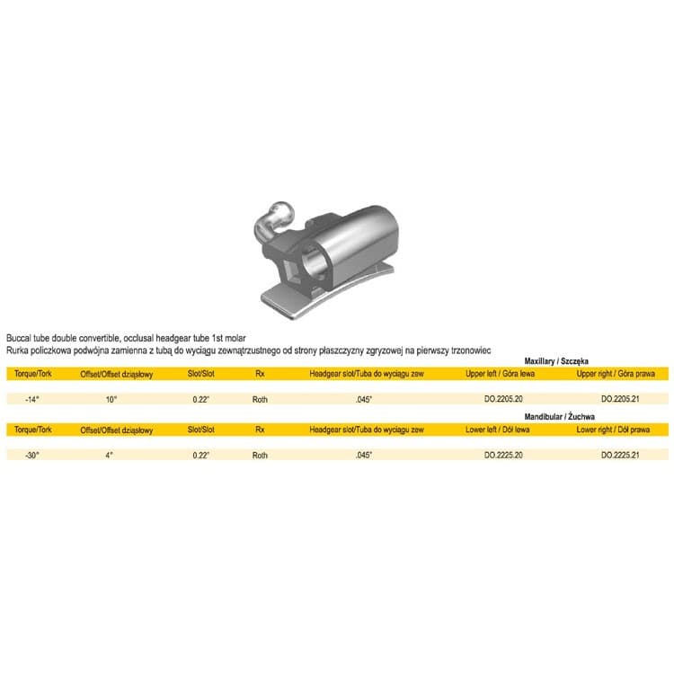 Buccal tube combination convertible, weldable .022″ upper right occlusal headgear tube .045″ – oficiali Falcon Medical produkto nuotrauka