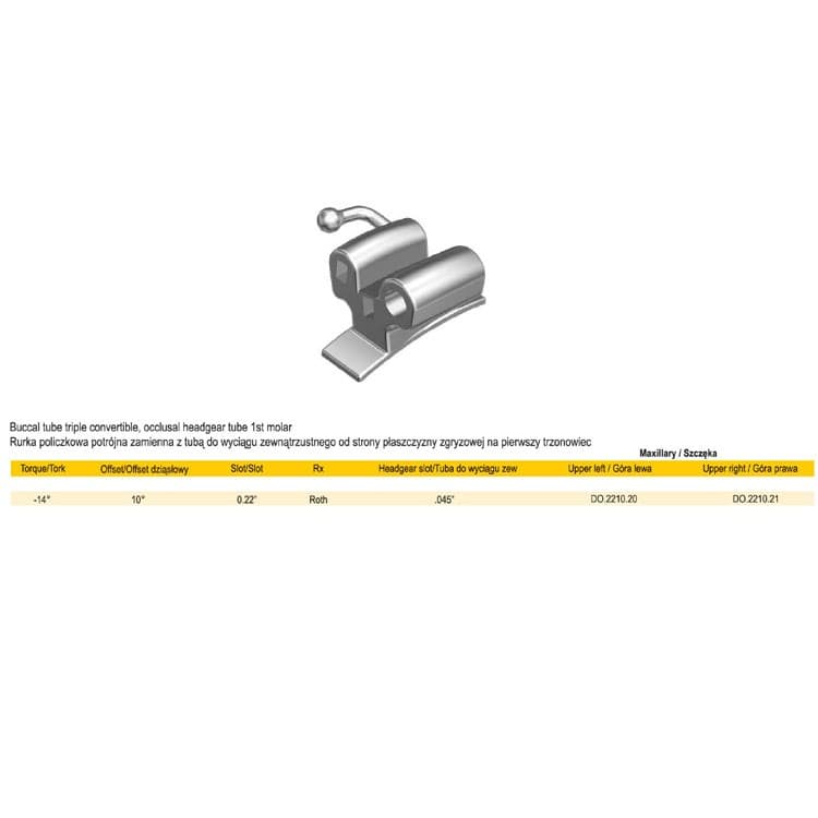 Buccal tube triple convertible, weldable .022″ upper right occusal headgear tube .045″ – oficiali Falcon Medical produkto nuotrauka