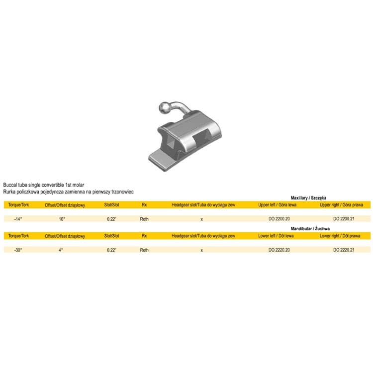 Buccal tube single convertible, weldable .022″ lower left – oficiali Falcon Medical produkto nuotrauka