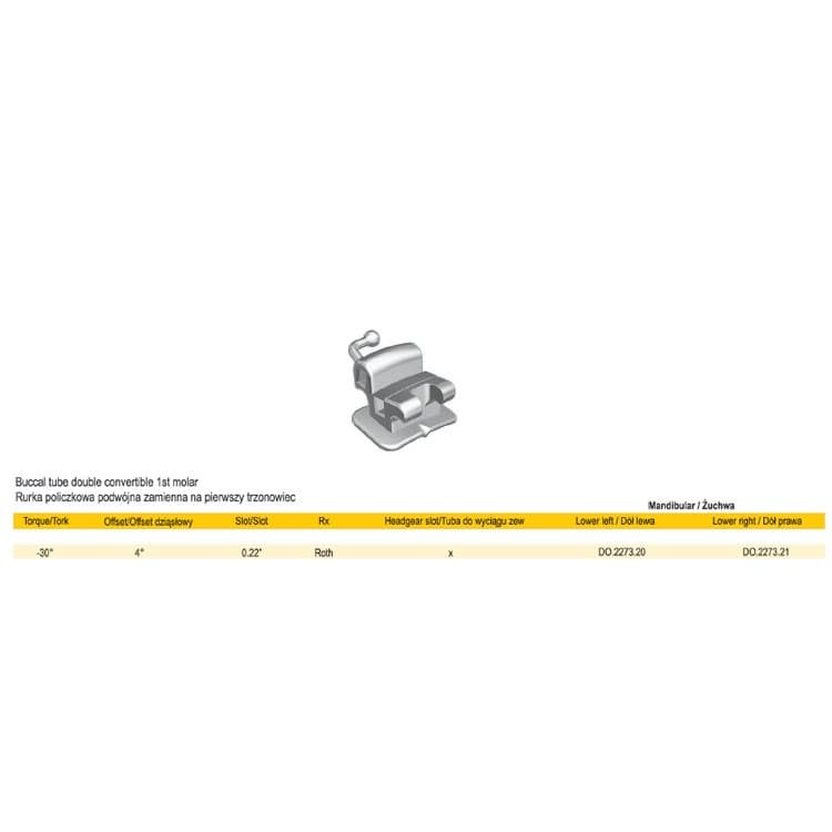 Buccal tube double convertible, 1st molar bondable Roth .022″ lower left – oficiali Falcon Medical produkto nuotrauka
