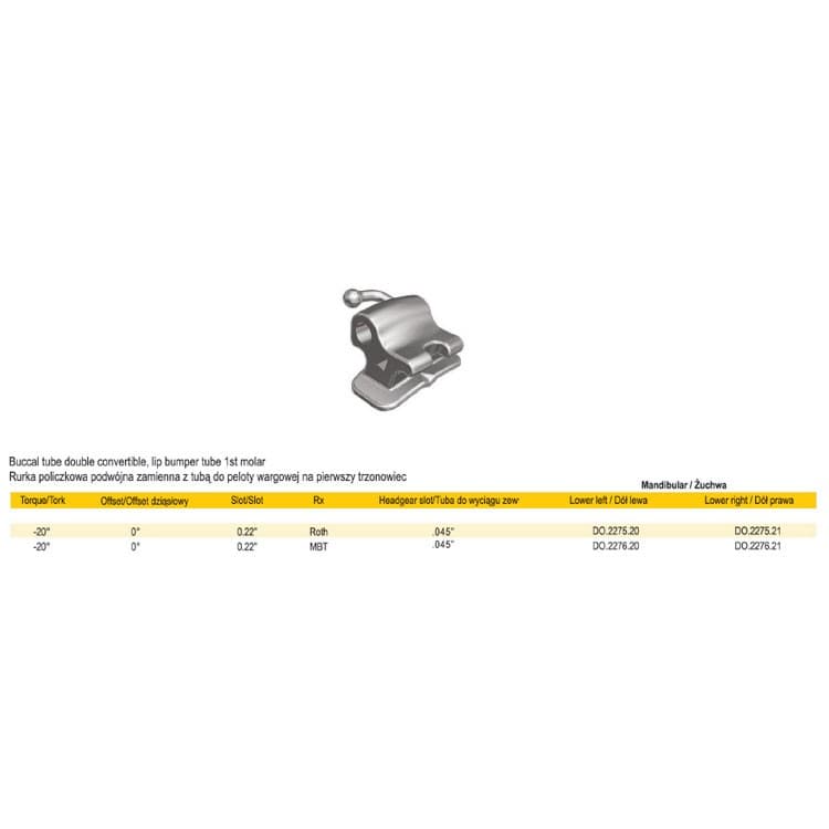 Buccal tube combination convertible, bondable Roth .022″ lower left lip bumper tube – oficiali Falcon Medical produkto nuotrauka