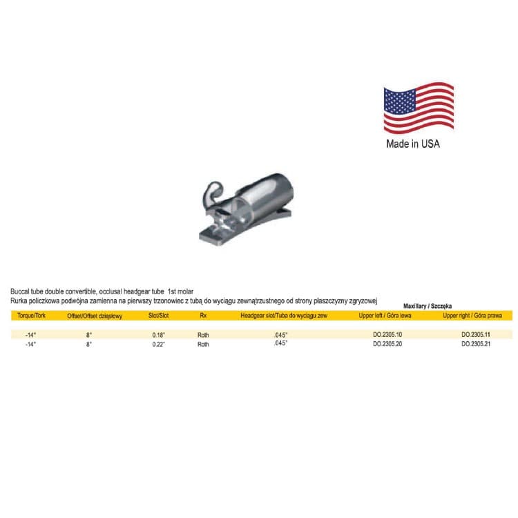 Deluxe Buccal tube combination convertible, weldable .018″ upper right occlusal Headgear tube .045″ – oficiali Falcon Medical produkto nuotrauka