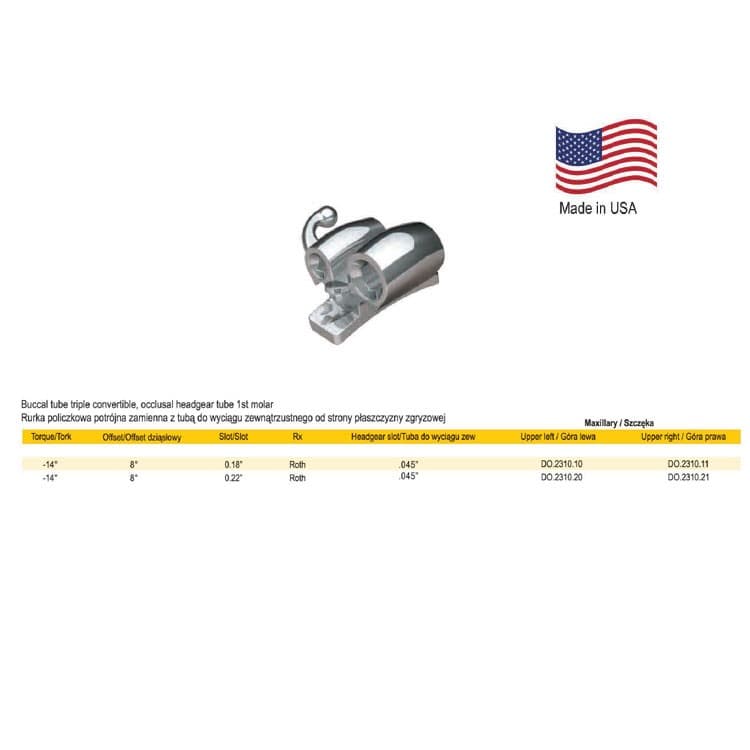 Deluxe Buccal tube triple convertible, weldable .018″ upper right occlusal Headgear tube .045″ – oficiali Falcon Medical produkto nuotrauka