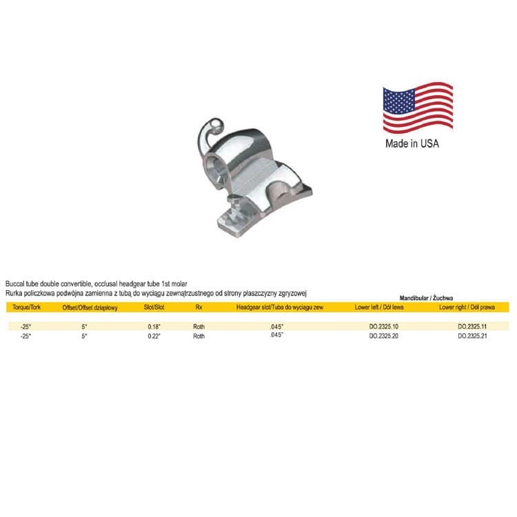 Deluxe Buccal tube combination convertible, weldable .018″ lower left Headgear tube .045″ – oficiali Falcon Medical produkto nuotrauka