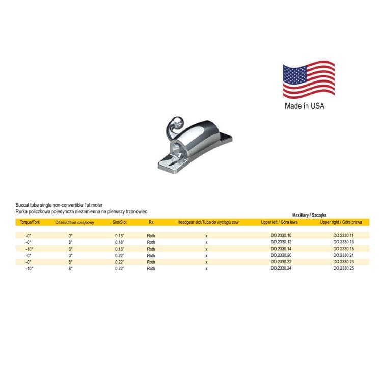 Deluxe Buccal tube single non-convertible, weldable .022″ upper left, T -10° O 8° – oficiali Falcon Medical produkto nuotrauka
