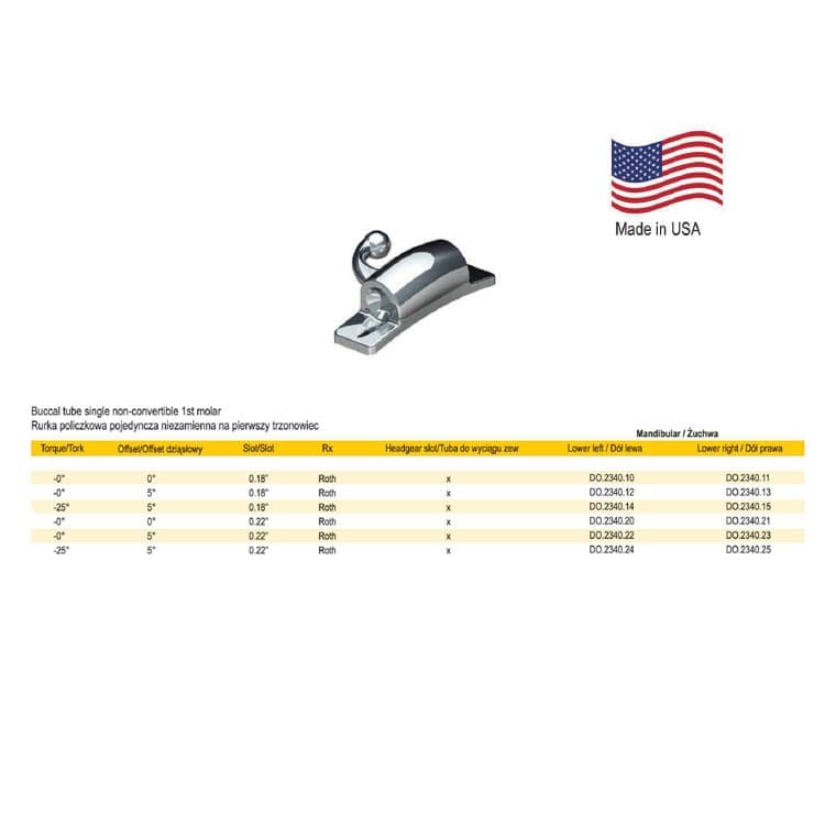 Deluxe Buccal tube single non-convertible, weldable .022″ lower right, T -25° O 5° – oficiali Falcon Medical produkto nuotrauka