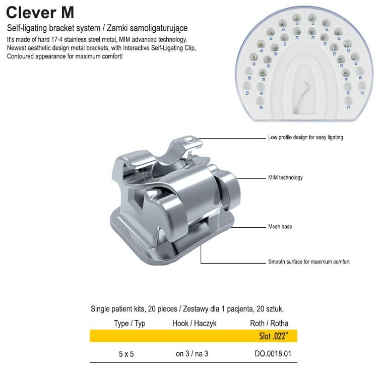 Self ligating bracket set Roth .22″ slot, hook on 3 (20 pieces) – oficiali Falcon Medical produkto nuotrauka