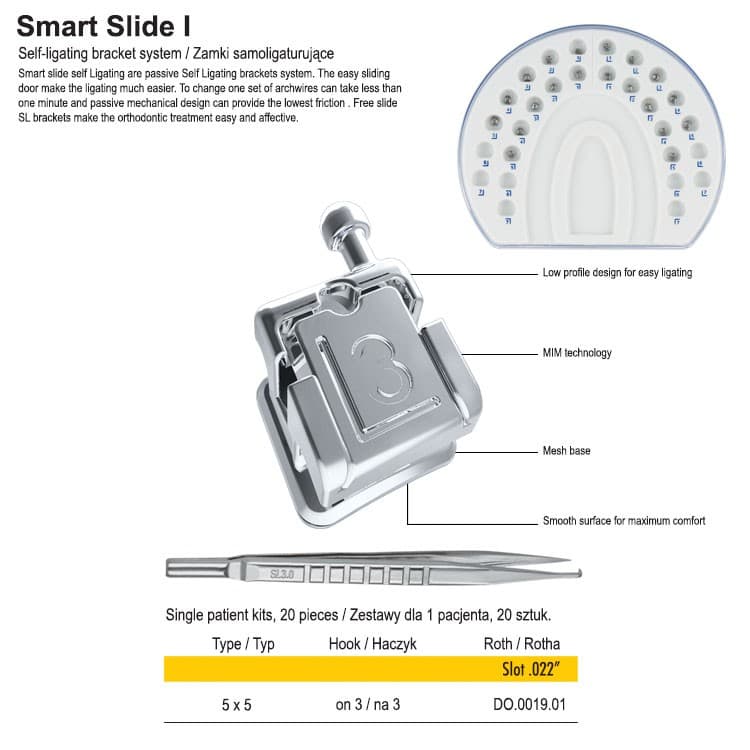 Self ligating bracket set Roth .22″ slot, hook on 3 (20 pieces) – oficiali Falcon Medical produkto nuotrauka