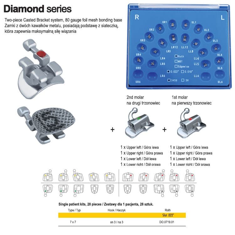 Diamond series brackets kit Roth .022″ slot, hooks on 3 with single non conv buccal tubes (28 pieces) – oficiali Falcon Medical produkto nuotrauka