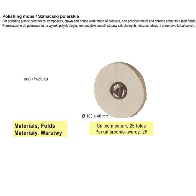 Polishing mop Ø100x40mm x 25 folds medium calico – oficiali Falcon Medical produkto nuotrauka