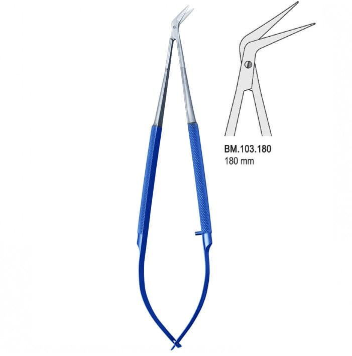 Titanium Scissors with stainless steel tips angled 180mm – oficiali Falcon Medical produkto nuotrauka