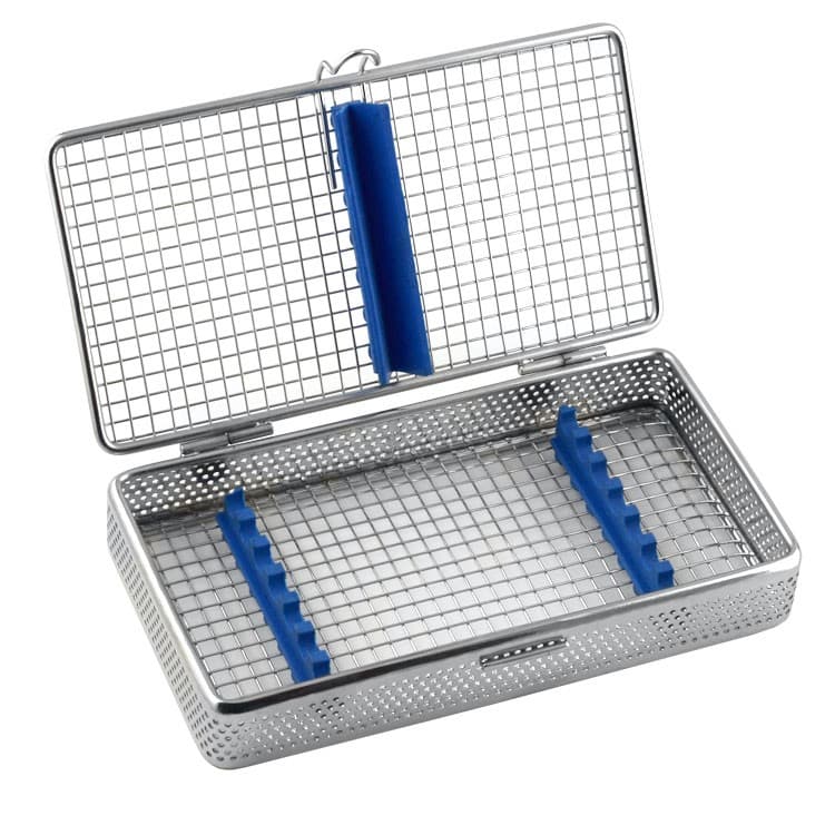 Mesh Cassette Tray with cover for 7 instruments 200x110x35mm, blue – oficiali Falcon Medical produkto nuotrauka