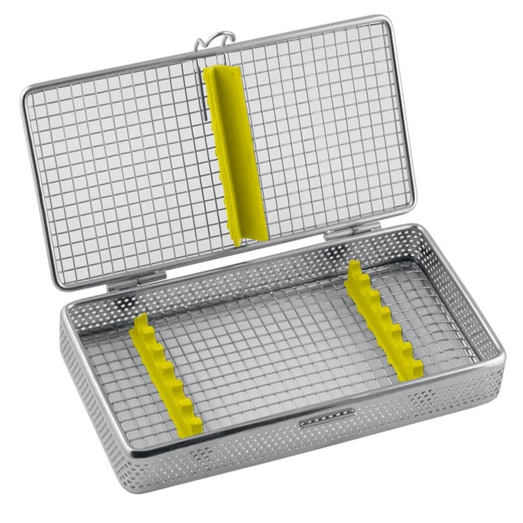 Mesh Cassette Tray with cover for 7 instruments 200x110x35mm, yellow – oficiali Falcon Medical produkto nuotrauka