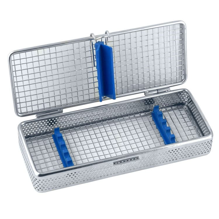 Mesh Cassette Tray with cover for 5 instruments 200x80x35mm, blue – oficiali Falcon Medical produkto nuotrauka