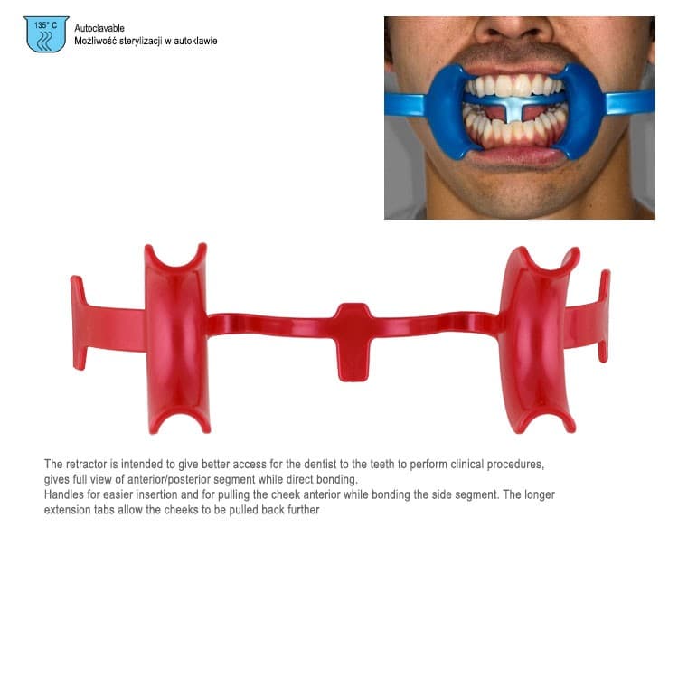 Retractor intraoral for adult with tongue blocker red 38mm, (autoclavable 121°C) – oficiali Falcon Medical produkto nuotrauka