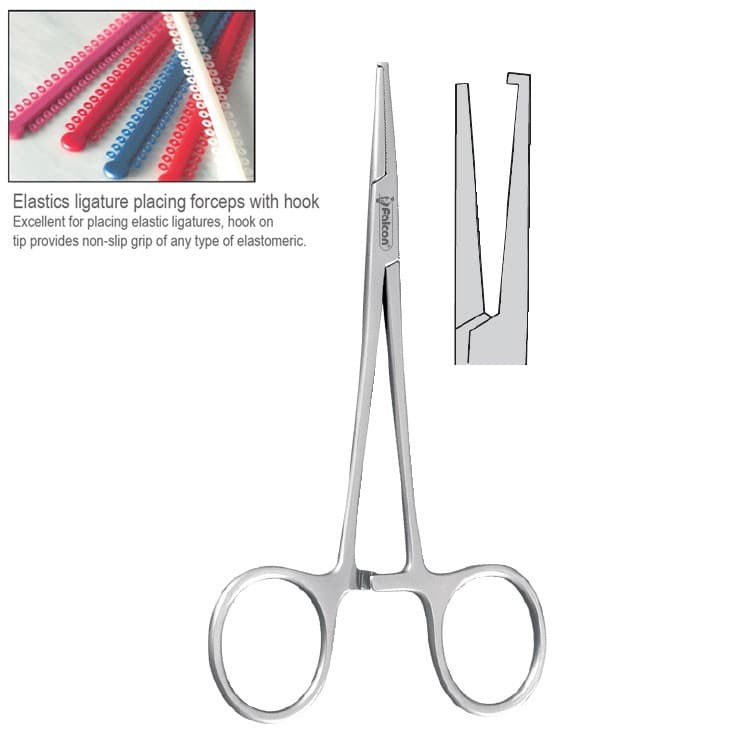 Elastomeric ligature placing forceps Falcon straight with hook 120mm – oficiali Falcon Medical produkto nuotrauka