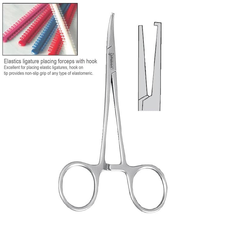 Elastomeric ligature placing forceps Falcon curved with hook 120mm – oficiali Falcon Medical produkto nuotrauka