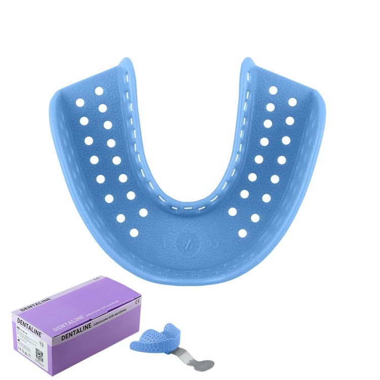 DENTALINE Disposable impression trays light blue, regular lower size L fig. 12 (Pack of 25 pieces) – oficiali Falcon Medical produkto nuotrauka