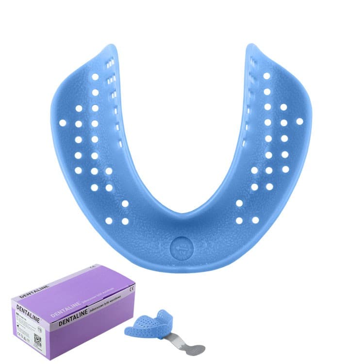 DENTALINE Disposable impression trays light blue, edentulous lower size L fig. 4 (Pack of 25 pieces) – oficiali Falcon Medical produkto nuotrauka