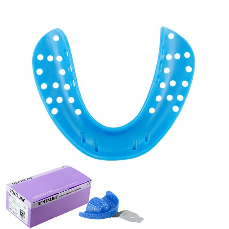 DENTALINE Disposable impression trays sky blue, edentulous lower size L fig. 4 (Pack of 25 pieces) – oficiali Falcon Medical produkto nuotrauka