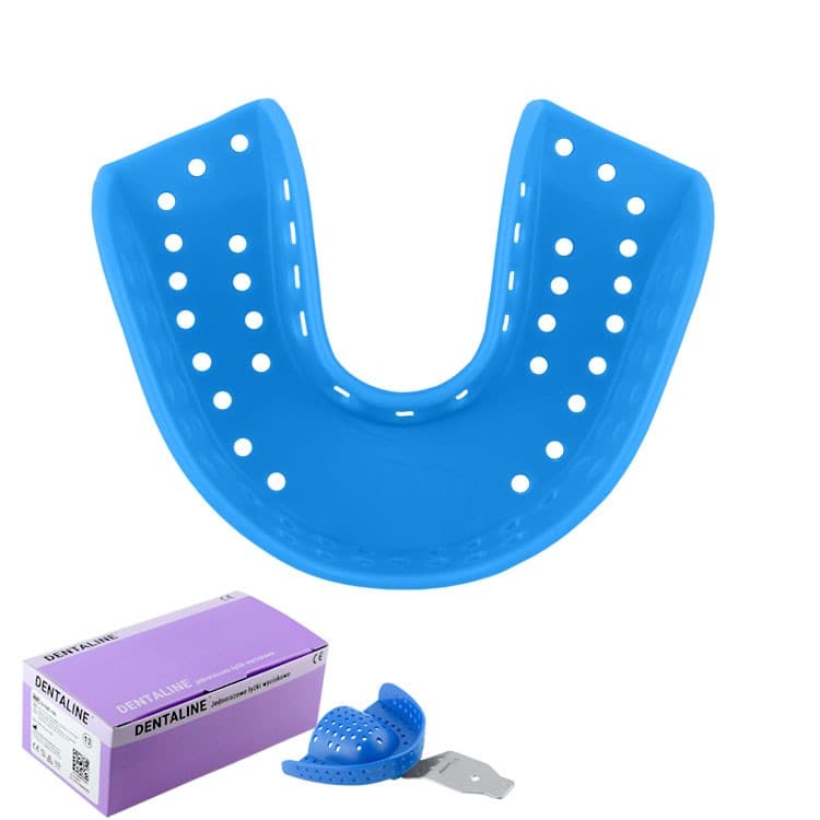 DENTALINE Disposable impression trays sky blue, regular lower size L fig. 12 (Pack of 25 pieces) – oficiali Falcon Medical produkto nuotrauka
