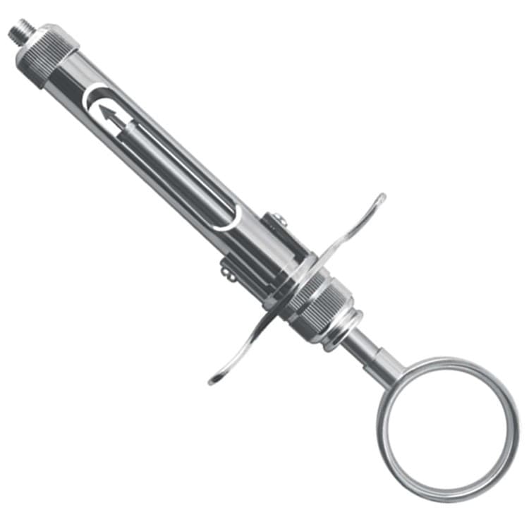 Brass Series Syringe manual aspirating breech loading (Arrow plunger) with ring handle 1.8ml. metric – oficiali Falcon Medical produkto nuotrauka