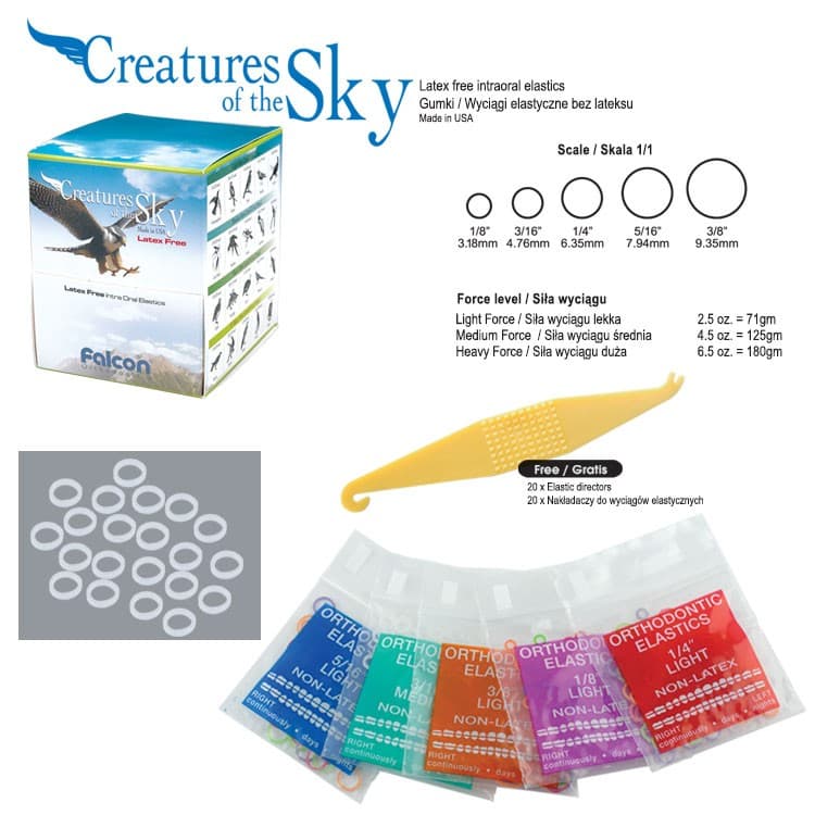 Elastics latex free clear medium force Pack of 2000 etastics + 20 directors – oficiali Falcon Medical produkto nuotrauka