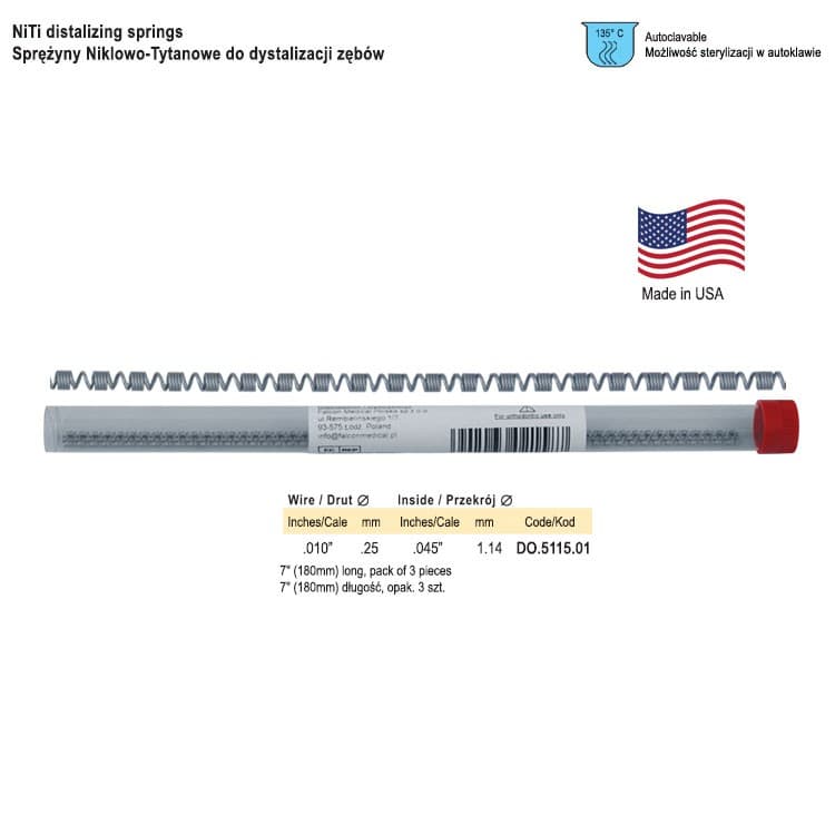 NiTi distalizing spring .010″ x .045″, 7″ (180mm) long (Pack of 3 pieces) – oficiali Falcon Medical produkto nuotrauka