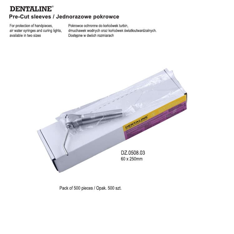 DENTALINE disposable pre-cut sleeves for air water syringe 60 x 250 mm (Pack of 500 pieces) – oficiali Falcon Medical produkto nuotrauka