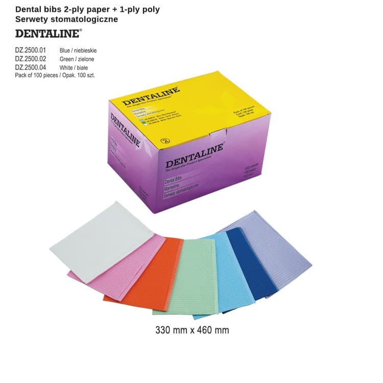 DENTALINE Bibs 2-ply paper + 1-ply poly 33x 46cm white (Pack of 100 pieces) – oficiali Falcon Medical produkto nuotrauka