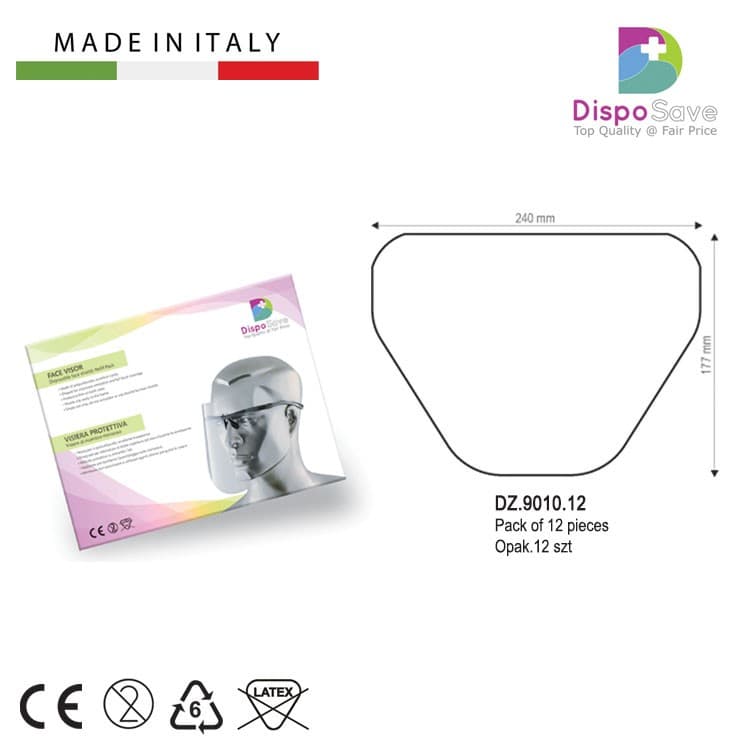Visor-I Refill face shields Polycarbonate 250 microns (pack of 12 pieces) – oficiali Falcon Medical produkto nuotrauka