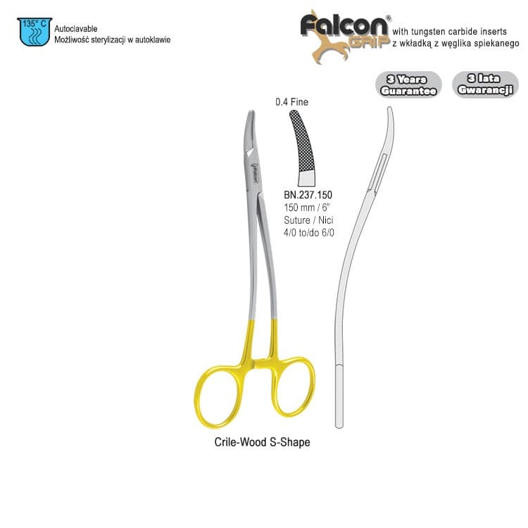 Falcon-Grip Needle holder Crile-Wood S-Shape 150mm TC – oficiali Falcon Medical produkto nuotrauka