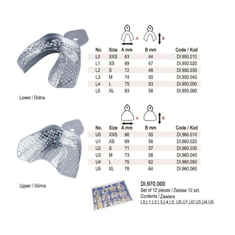 Aluminum Impression trays regular perforated set of 12 – oficiali Falcon Medical produkto nuotrauka