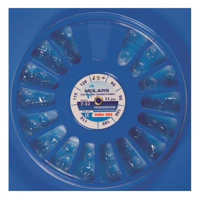 Polyester crown forms upper molar set, 90,100,105,110,115,120 (32 pieces) – oficiali Falcon Medical produkto nuotrauka