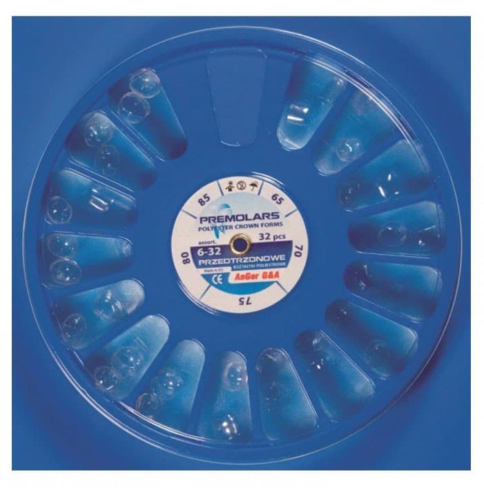 Polyester crown forms set upper premolar, 65,75,85,95,105 (32 pieces) – oficiali Falcon Medical produkto nuotrauka