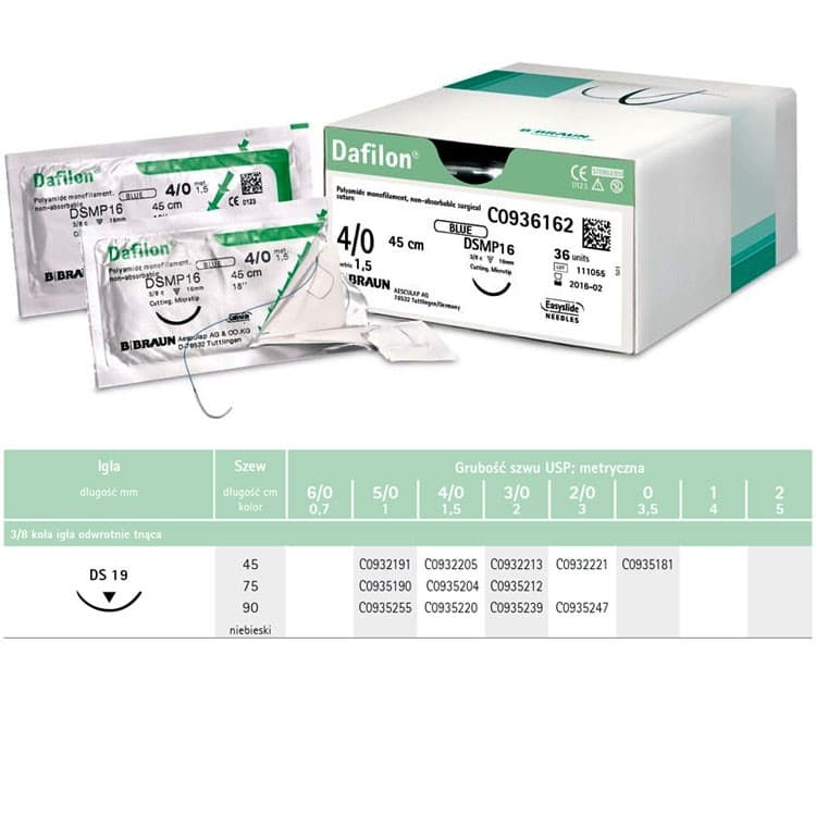 Dafilon non-absorbable sutures blue 4/0 75cm ds19, 36 pieces – oficiali Falcon Medical produkto nuotrauka