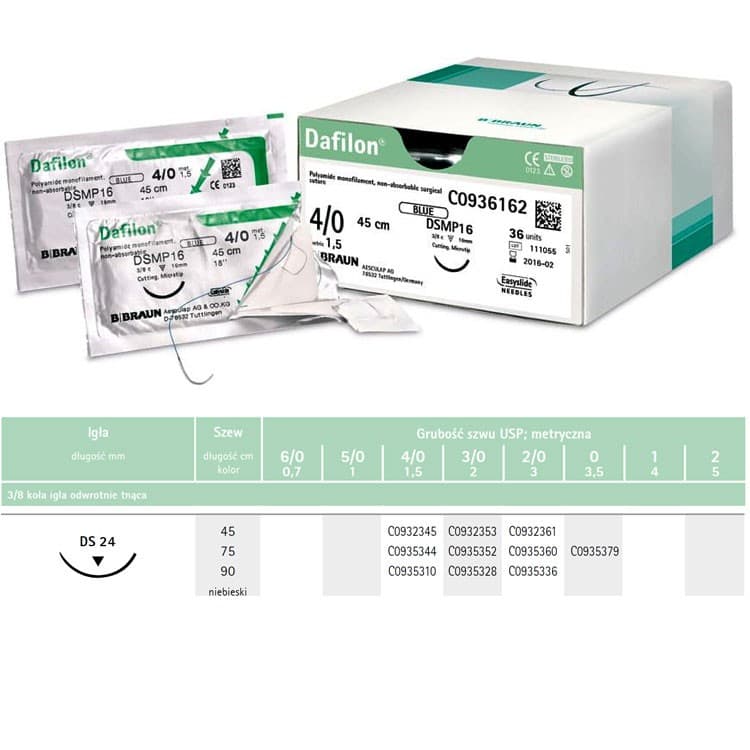 Dafilon non-absorbable sutures blue 4/0 75cm ds24, 36 pieces – oficiali Falcon Medical produkto nuotrauka