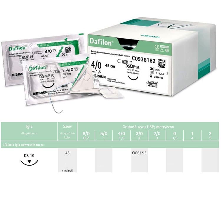 Dafilon non-absorbable sutures blue 3/0 45cm ds19, 36 pieces – oficiali Falcon Medical produkto nuotrauka